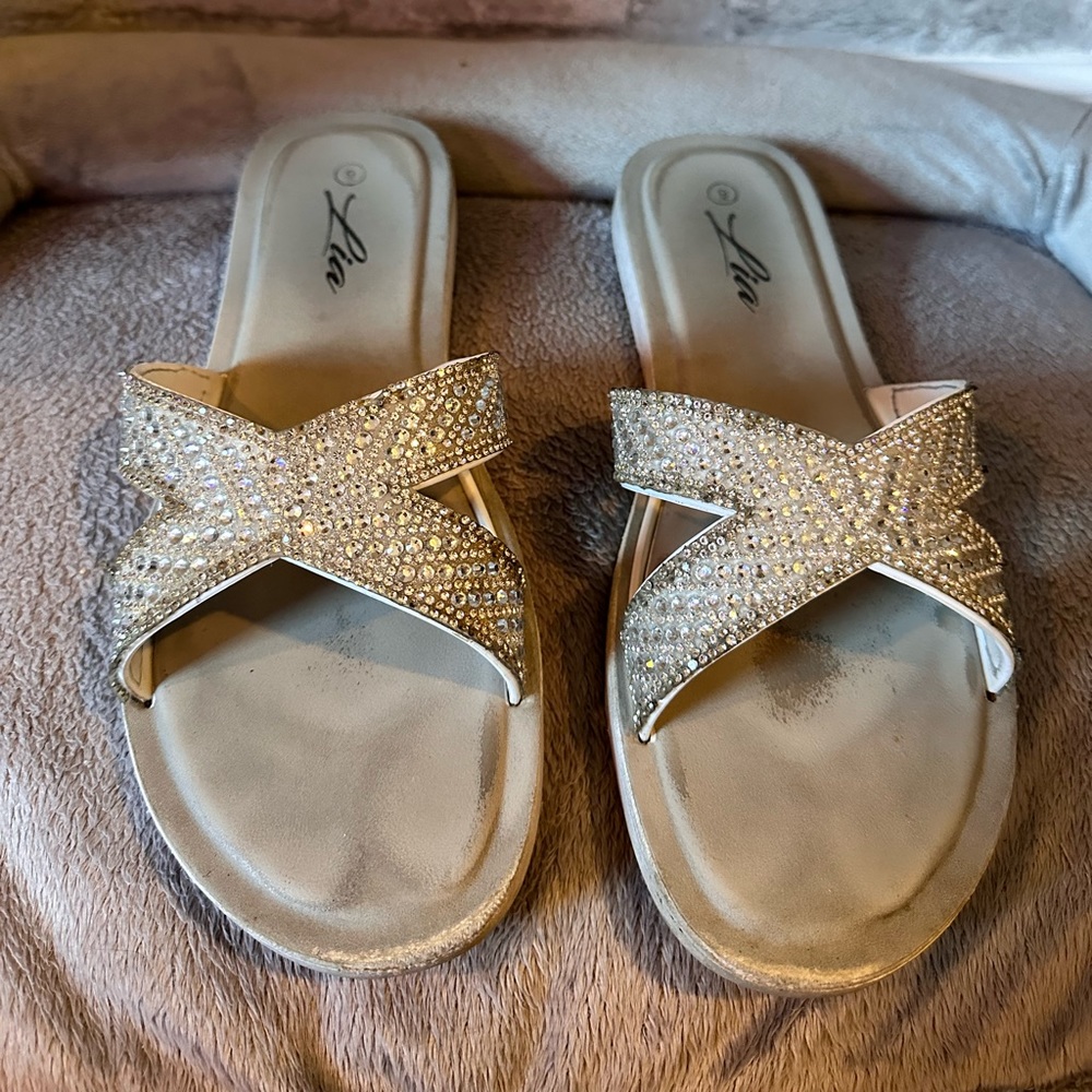 Rhinestone covered X band slide sandals with memory foam base size 9
